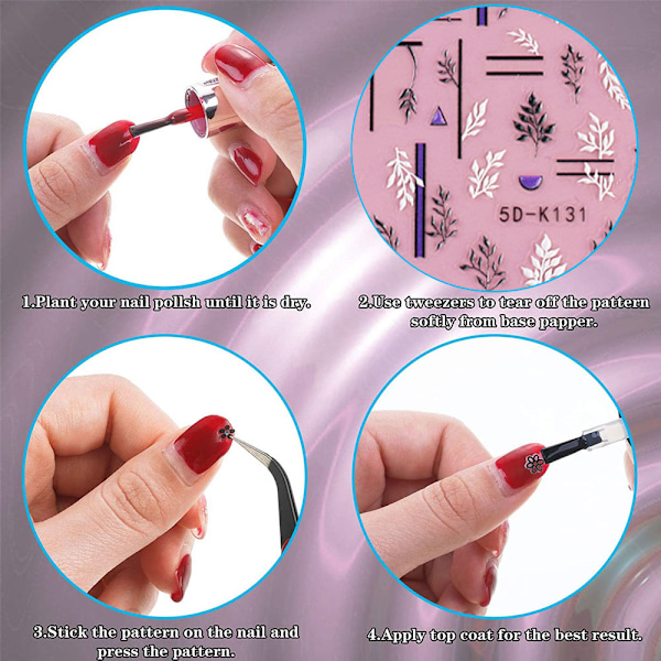 Blomster Nagelsticker Dekaler 5D Nagelkonstmaterial Självhäftande DIY Akryl Nagelkonst, 3 Ark, 10.5*6cm