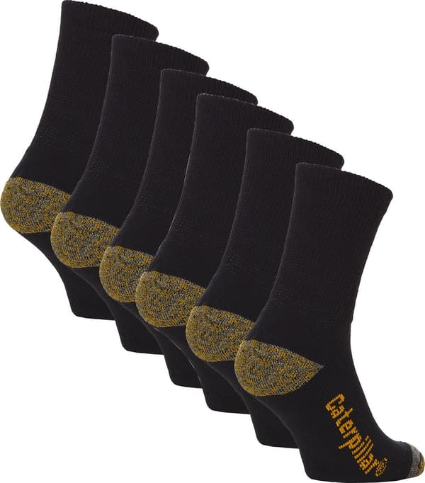 CAT Diabetic Work Socks 6-Pack, Non-Binding Cushioned Crew Socks with Reinforced Heel and Toe for Men, Black, Size 39-42