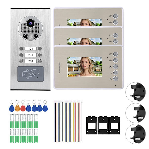 4,3 tum 3-skärmars videodörrtelefon med nattseende Dörrklocka Intelligent dörrtelefonsystem 100-240V(UK)