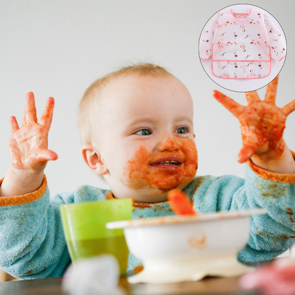 2 stk. Langærmede Sutteforklæder | Baby Vandtætte Sutteforklæder med Lomme | Toddler Sutteforklæde med Ærmer og Krumbesamler | Plet- og Lugtresistent