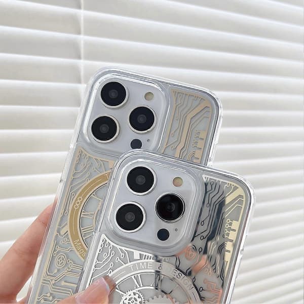 Magnetic Phone Case for iPhone 14 Pro, Soft TPU Mechanical Gear Clock Pattern Electroplated Cover[TT]