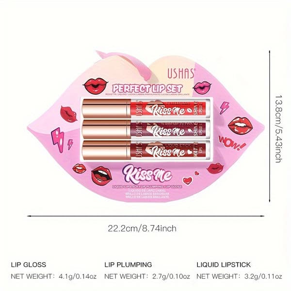 3-piece lip gloss set, moisturizing matte with fine shimmer, waterproof and smudge-proof, US004A+B