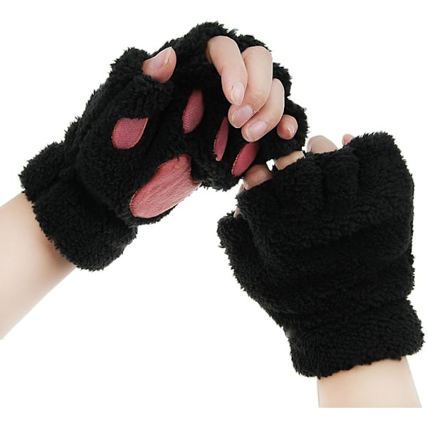 Hanske med kattepote - Fingerløse, kunstig pels, myke, varme vinterhansker, halvfingerhansker, søte kattepote-cosplay-hansker, fuzzy pels-hansker for kvinner og jenter