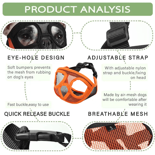 Kort Snout Hundemundkurv, Åndbar Mesh Flat Faced Mundkurv til Bulldog, Maske Bulldog Mundkurv (Orange)