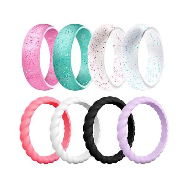 Silikon gummibröllopsring för kvinnor, Dome Solid Glitter & Metallic, Andningsbar silikon bröllopsband, Årsdagringar, Löftesring, Multi
