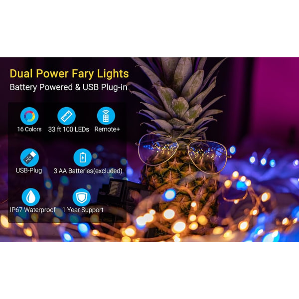 Fairy String Lights Batteridriven & USB Plug-in 33Ft 100 lysdioder 16 färgskiftande lampor och 8 lampor läge Fjärrkontroll Vattentät 3AA case,
