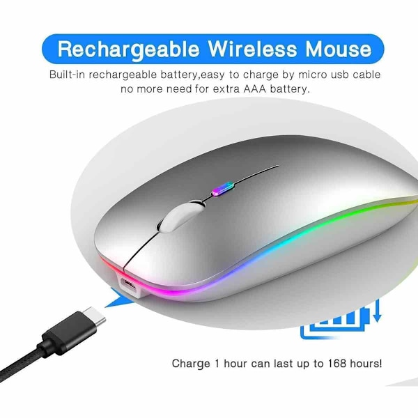 Trådløs PC-mus med Bluetooth og 2,4 GHz for datamaskin, bærbar PC, MAC - Oppladbar med LED