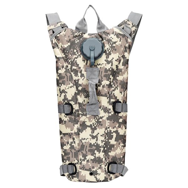 Ulkoilmakäyttöön tarkoitettu pyöräilyyn sopiva hydratointireppu, jossa on 3L:n vesipussi ja armeijan camouflage-kuviointi