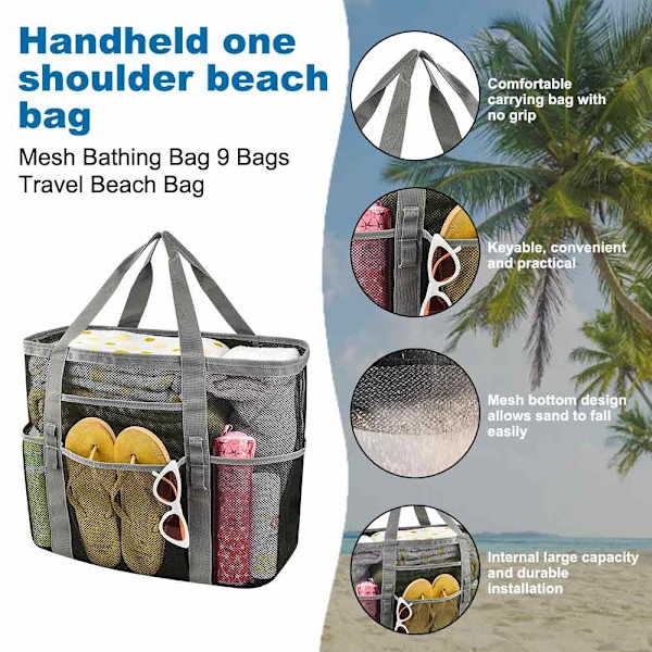 Stor Strandtaske Pooltasker, Mesh Strandtaske til Legetøj, Håndklæde, Flip-Flops, Strandtaske, 42*38*20cm
