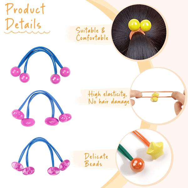 6 stk. hestehale-ball hårstrikk-serie, lyse farger dobbel perle hestehale-ball høy elastisk baby gummistrikk