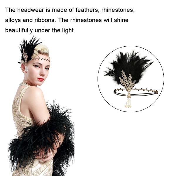 Art Deco Flapper Blad Bröllop Brud Tiara Pärla Hårprydnad Hårband Med Fjädrar
