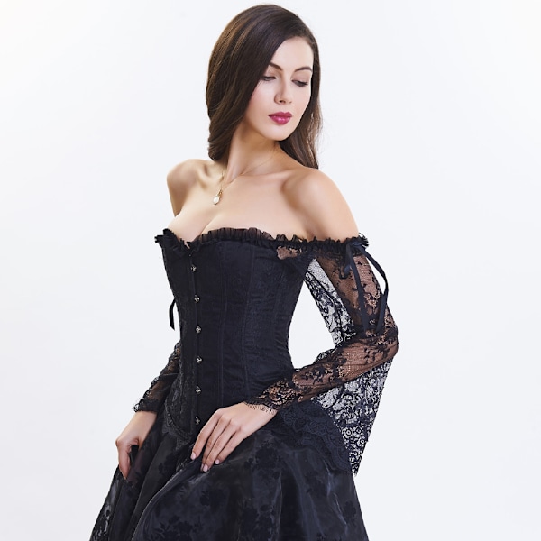 Steampunk-korsett for kvinner med blonder, off-shoulder topp, korsett med høy-lav skjørt, festantrekk - Svart