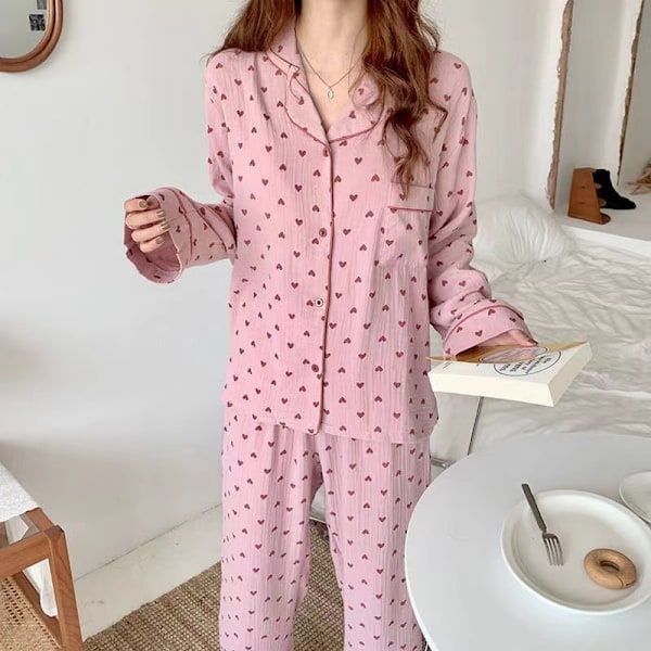 Dam Pyjamas Set med Knappar Långärmad Hjärtmönster Nedåtvänd Krage Lös Mjuk Dam Nattkläder för Vår Höst Hem Rosa M