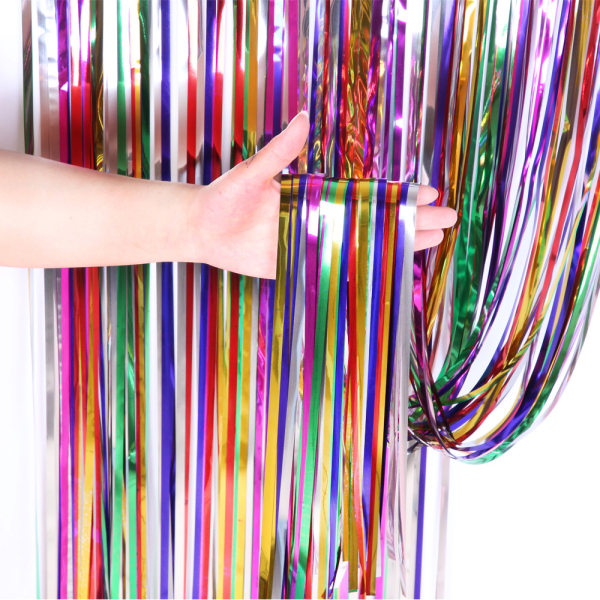 3st Rainbow Folie Fringe Gardin, Tie Dye Tinsel Metallic