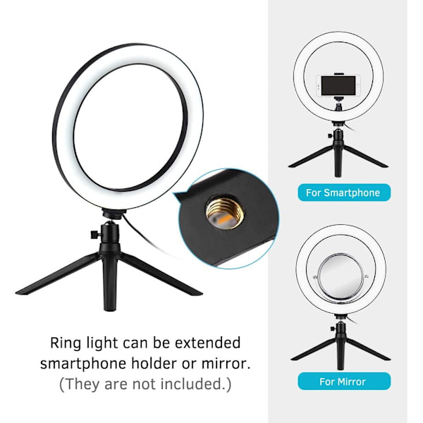 10 tums LED-ringljus med stativstativ 3200K-5500K Dimbar bordskameralampa 3 ljuslägen och 10 ljusstyrka för YouTube-videofoto