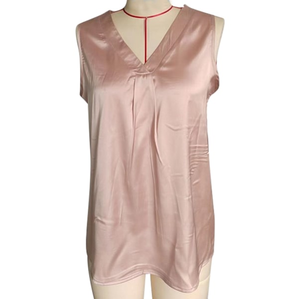 Satin Topp för Kvinnor, V-ringad, Plisserad, Lös Passform, Sommar, Ärmlös Väst för Dagligt Bruk, Champagne, XL