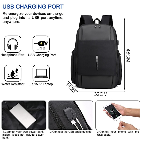 Ultratunn och hållbar laptop-reseväska med USB-laddningsport - Laptop-ryggsäck 15,6 tum