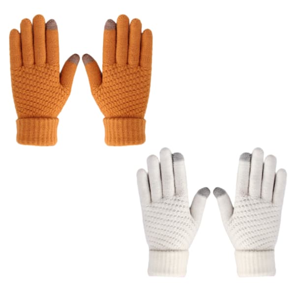 2 par vinterhandsker til kvinder med touchskærm, varme uldforede strikhandsker med elastiske manchetter Turmeric+White