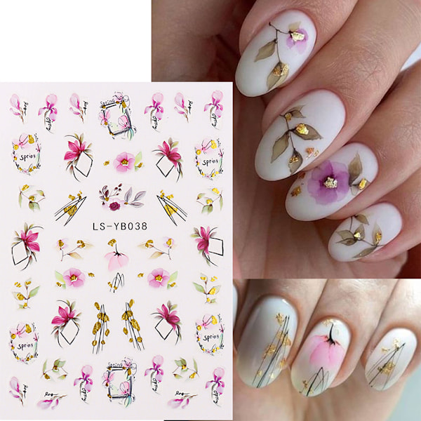 8 st Nagelstickers vår små färska blommor fjäril förgylld urholkad blad Nageldekorationstillbehör