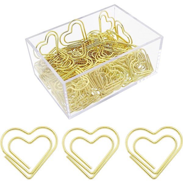 100 st guld hjärtformade pappersklämmor med slät yta, kärleksformade pappersklämmor för bröllopsdekoration