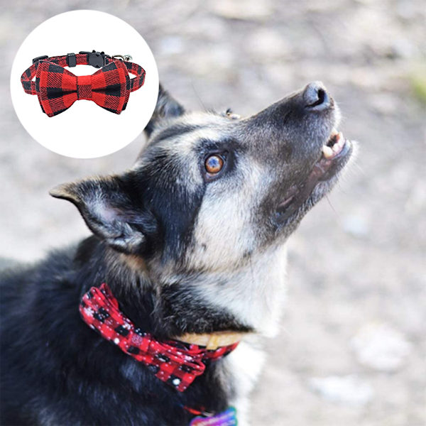 Jul hundhalsband med rosett klassiskt rutigt snöflinge mönster justerbart husdjurshalsband