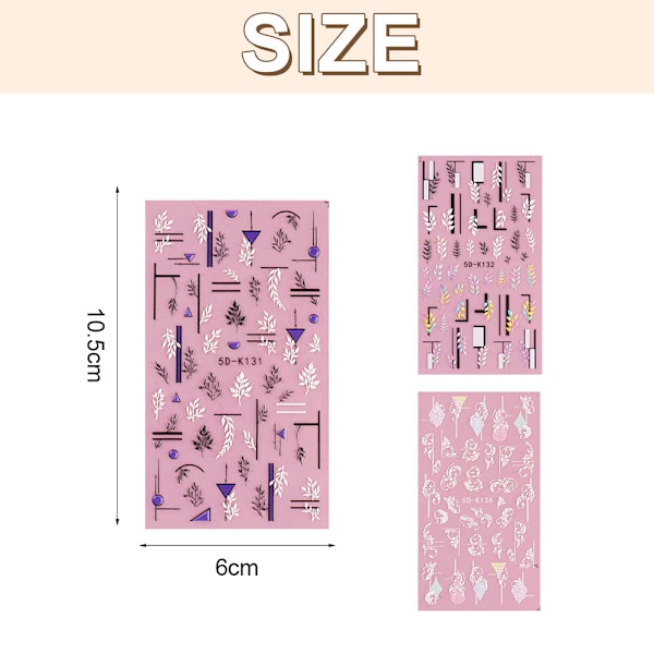 Blomster Nagelsticker Dekaler 5D Nagelkonstmaterial Självhäftande DIY Akryl Nagelkonst, 3 Ark, 10.5*6cm
