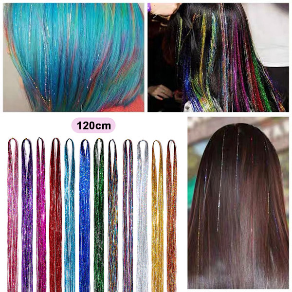 Glitterhårstrå 90cm Hårtillbehör Fehår Glitterset med Verktyg Glitterhår för Kvinnor Flickor Barn Glittriga Presenter