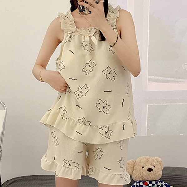 Dam Pyjamas Set Ärmlös Tank Top Casual Shorts Mjölksiden Mjuk Hudvänlig 2-Delar Sommarsovkläder Björnmönster XL