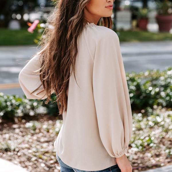 Kvinnors Långärmad Blus Djup V-ringning Åtsittande Manschetter Enfärgad Lös Passform Casual Pullover Skjorta Khaki XXL