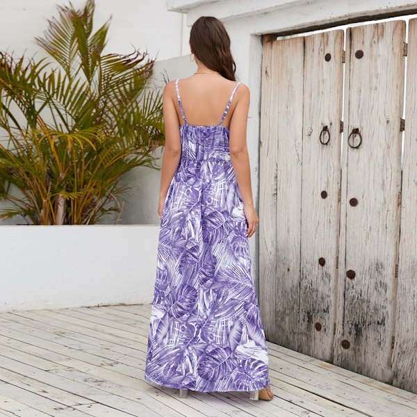 Sexy Spaghetti-stropper med dyb V-udskæring, blomstermønstret Boho-kjole med kryds i ryggen, backless, chiffon, strandfest, lang maxi-kjole til kvinder