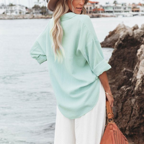 Kvinnors Knapp-Ner Långärmad Skjorta Mode Casual Lös Nedåtvänd Krage Ren Färg Dam V-Hals Långärmad Blus Mintgrön XL