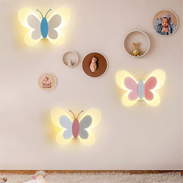 Barnrumslampa Modern Fjäril Vägglampor, Rosa Vinge & Vit