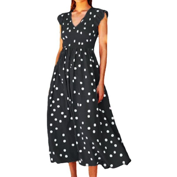 Sommerkjole for kvinner med V-hals og midjeomslag, løs polka dot-trykk, kort erme