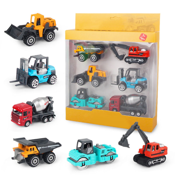 6-pakke 1:64 Legering Byggekjøretøy Leke Sett Mini Størrelse Gaffeltruck Gravemaskin Byggebiler Sett