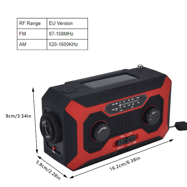 Handvevad Nödradio AM/FM Växling Batteriindikator Ficklampa Solcellsladdare för Utomhuscamping Röd EU-version