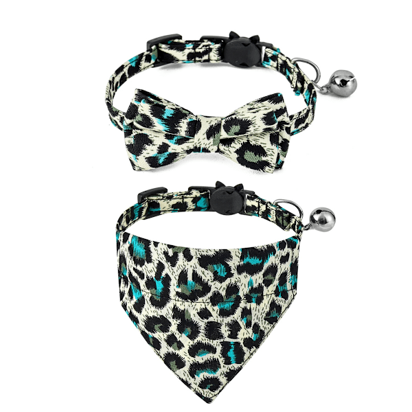 2 st kattkrage bandanas klockor set, kattkrage avtagbar med söt fluga och klocka, accessoarer för husdjurskragar med leopardmönster