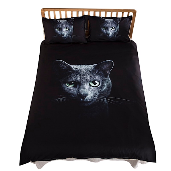 3-delat Set med Mjukt Täcke med 3D Svart Katt Tryck i Polyester (Queen Size)