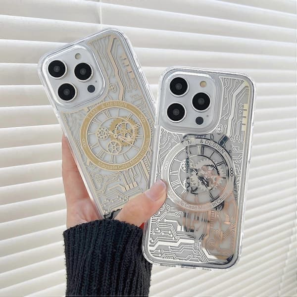 Magnetic Phone Case for iPhone 14 Pro, Soft TPU Mechanical Gear Clock Pattern Electroplated Cover[TT]