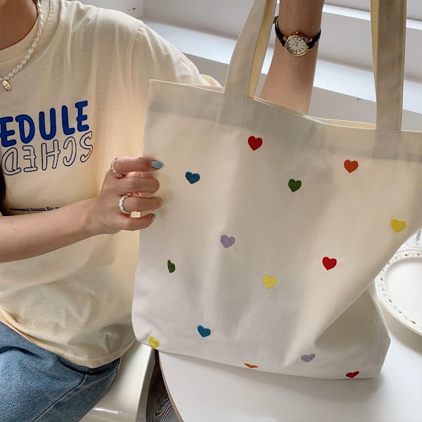 Hjertetrykk Casual Canvas Tote Håndveske Kvinner Stor Kapasitet Håndveske Skulderveske med Lommer Gjenbrukbar Matvare Canvas Tote Vesker