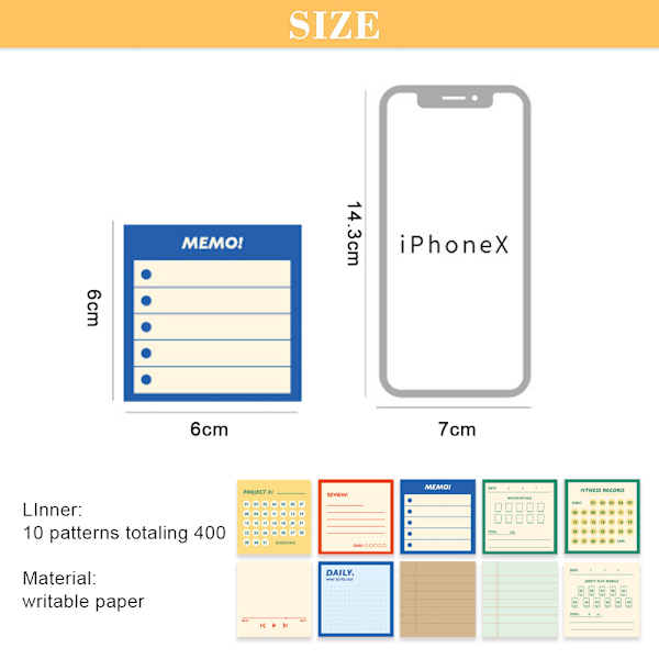 Fargepapir 400 ark, Ikke Sticky Notes lyse fargerike memo, Mini Memo Papirblokker Notatpapir