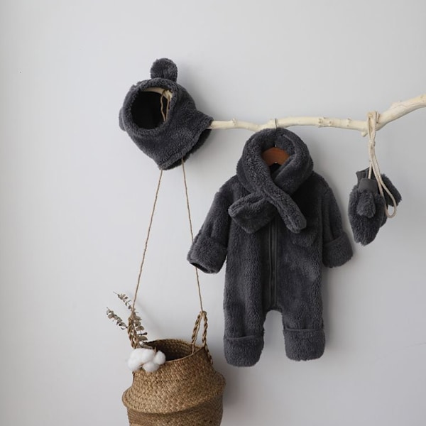 Baby vinterforstærket pelset onesie Varmt wrap fod lang krybende dragt (grå)