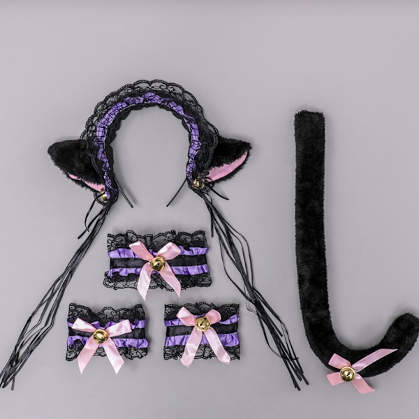Kattøre Hodebånd og Kattestjert Sløyfe Håndleddsdekorasjoner Sett for Kvinner, Barn Katt Kostyme for Halloweenfest