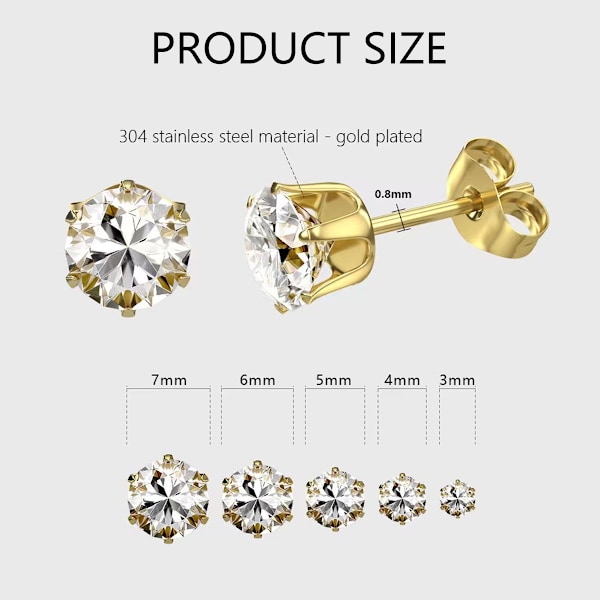 Dam 14K Guldpläterade CZ Stud Örhängen Simulerade Diamant Runda Kubiska Zirkonia Örhängen Set (5 Par)