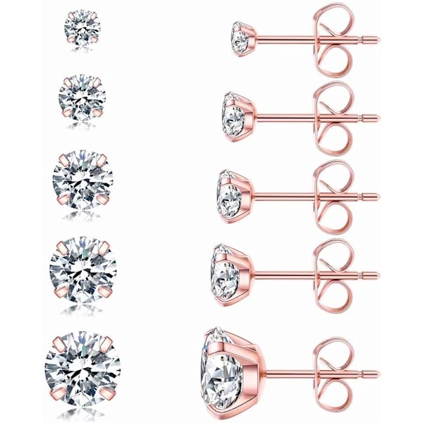 5 par örhängen set, hypoallergena kubiska zirkonia 316L örhängen rostfritt stål CZ örhängen 3-8mm