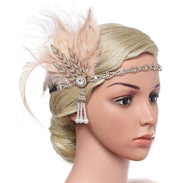 Art Deco Flapper Blad Bryllups-Tiara Perle Hodeplagg Hodebånd Med Fjær
