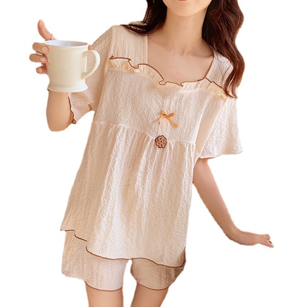 Kortärmad Pyjamas Set för Kvinnor Björnmönster Andningsbart Lös Söt Sommarpyjamas Set för Hemma Pyjamas M