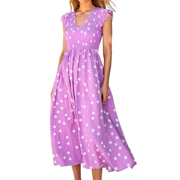 Sommerkjole for kvinner med V-hals, løs passform, polka dot-print, kort erme