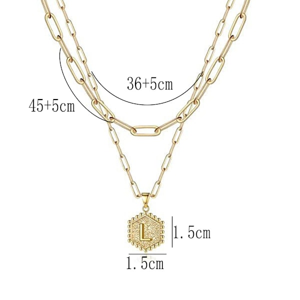 Dobbeltlags kravebenkæde med bogstavvedhæng til kvinder, gylden geometrisk choker