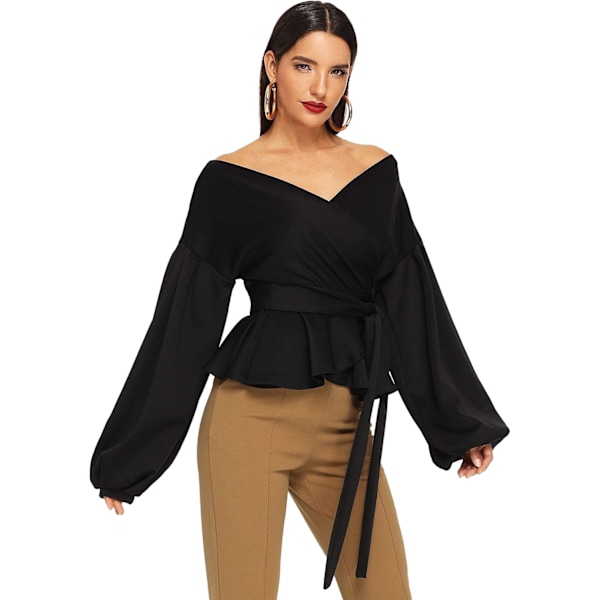 Dame Langærmet V-hals Bluser med Ruffel Off Shoulder Bindetalje Wrap Toppe