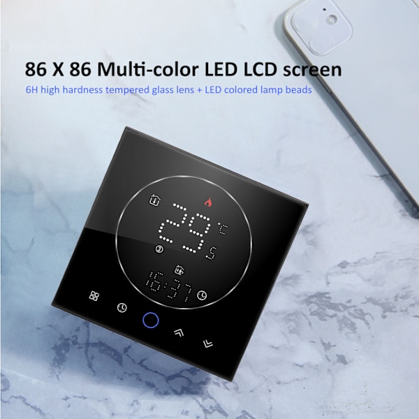 Smart Termostat med LED-skjerm, Vannvarmekontroll, 13 mm Innfelt Trådløs Programmerbar Termostat for Hjem, Rom, Kontor, AC95‑240V, Svart